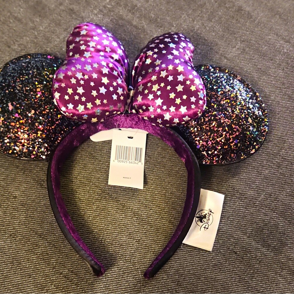 Disney Minnie Mouse Ears Headband Purple & Black Bow Stars Glitter Accents